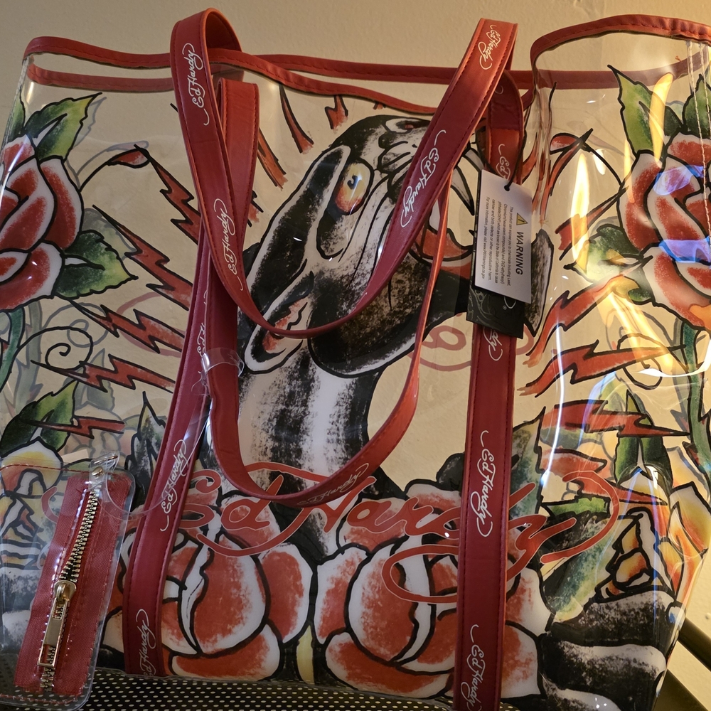 Ed Hardy Red Floral Transparent Tote Bag